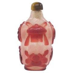 Chinese Ruby Red Overlay Glass Eight Auspicious Treasures Snuff Bottle Qing 19c