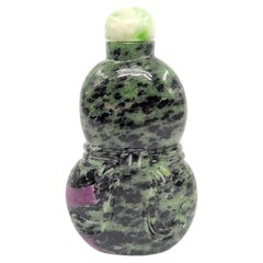 Antique Chinese Carved Ruby-in-Zoisite Double Gourd Snuff Bottle Qing c.1900