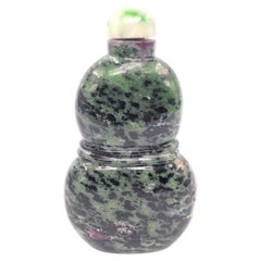 Antique Chinese Carved Ruby-in-Zoisite Double Gourd Snuff Bottle Qing c.1900