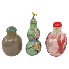 3 Antique Chinese Agate, Cloisonné & Ruby Overlay Snuff Bottles ROC Early 20c