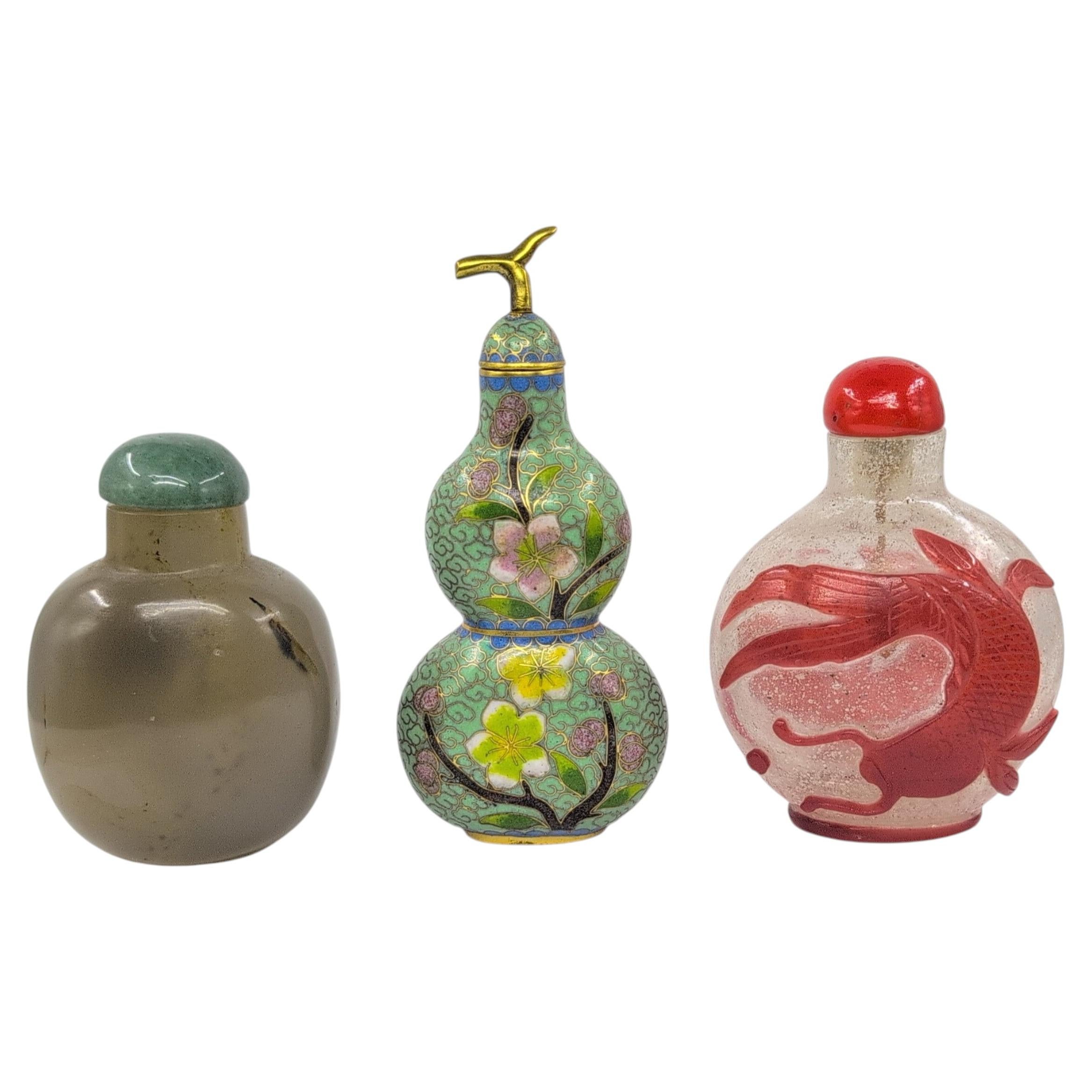 3 Antique Chinese Agate, Cloisonné & Ruby Overlay Snuff Bottles ROC Early 20c For Sale