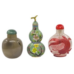 3 Antique Chinese Agate, Cloisonné & Ruby Overlay Snuff Bottles ROC Early 20c