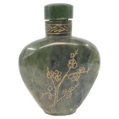 Antique Chinese Spinach Jade Gilt-Incised Prunus Snuff Bottle c.1900