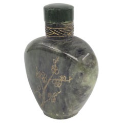 Antique Chinese Spinach Jade Gilt-Incised Prunus Snuff Bottle c.1900