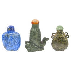 3 Chinese Hardstone Snuff Bottles Antique Lapis, Serpentine Fish ROC c.1920-30