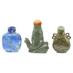 3 Chinese Hardstone Snuff Bottles Antique Lapis Serpentine Fish ROC Early 20c