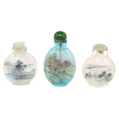 3 Antique Chinese Inside-Painted Snuff Bottles Aqua Blue Republic Early 20c