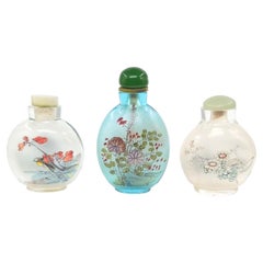 3 Antique Chinese Inside-Painted Glass Snuff Bottles Aqua Blue Republic c.1920