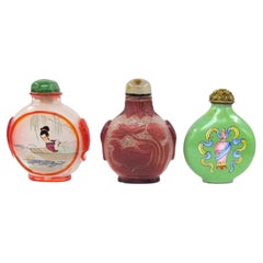 3 Chinese Snuff Bottles Antique Glass Overlay Inside Painted & Enamel ROC c.1900