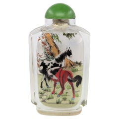 Fine Chinese Inside-Painted Glass Snuff Bottle with Horses in Landscape Late 20c
