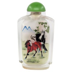 Fine Chinese Inside-Painted Glass Snuff Bottle with Horses in Landscape Late 20c