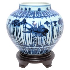 Antique Chinese Blue & White Porcelain Fish Aquatic Plants Jar Late Qing c.1900