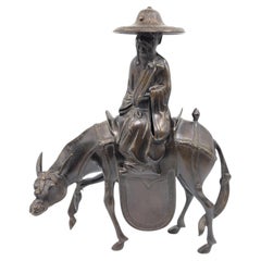 Japanese Meiji Bronze Tōba on Mule Figural Incense Burner Koro, Late 19c