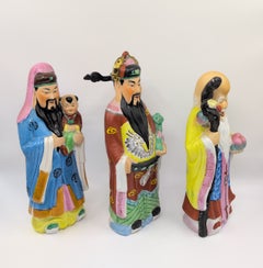 Chinese Polychrome Porcelain Fu Lu Shou Sanxing Immortals, Set of Three, mid-20c