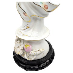 Chinese Polychrome Porcelain Guanyin w Lotus & Gilt on Wood Stand Republic 20c