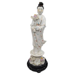 Chinese Polychrome Porcelain Guanyin w Lotus & Gilt on Wood Stand Republic 20c
