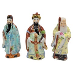 Vintage Chinese Polychrome Porcelain Fu Lu Shou Figures, Set of Three, 20c