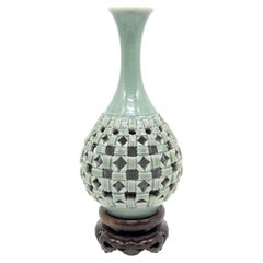 Mid-20th Century Korean Celadon Reticulated Double-Wall Vase, Signed, c.1960