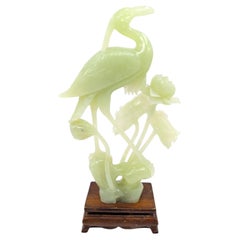 Antique Chinese Carved 10" Jade Egret Among Lotus Blossoms w.Stand Republic 20c