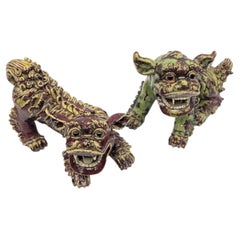 Antique Chinese Shiwan Pottery Guardian Lion Foo Dog Pair, Late Qing, circa 1900