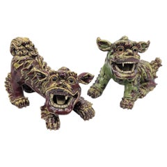 Antique Chinese Shiwan Pottery Guardian Lion Foo Dog Pair, Late Qing, circa 1900