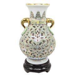 Vintage Chinese Reticulated Gilt Porcelain Vase with Elephant Handles 20c
