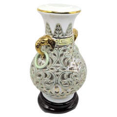 Vintage Chinese Reticulated Gilt Porcelain Vase with Elephant Handles 20c