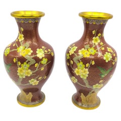 Pair Antique Chinese Gilt Cloisonné Enamel Bird & Prunus Vases, Republic ROC 20c