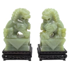 Magnificent Pair Antique Chinese Celadon Serpentine Jade Foo Dogs Republic 20c