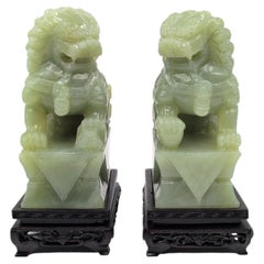 Magnificent Pair Antique Chinese Celadon Serpentine Jade Foo Dogs Republic 20c