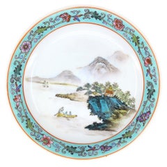 Vintage Chinese Jingdezhen Famille Rose Fencai Landscape Porcelain Plate c.1970