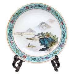 Vintage Chinese Jingdezhen Famille Rose Fencai Landscape Porcelain Plate c.1970
