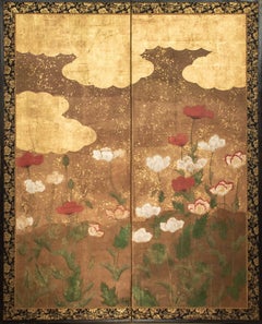 A Japanese Two-panel Gold-leaf Screen With Poppies, Rinpa School