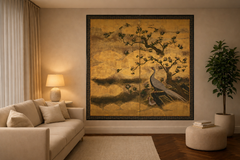 A two-panel gold-leaf screen depicting a pair of pheasants beneath a flowering tree