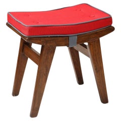 Stool in Teak, Cane and Upholstery by Pierre Jeanneret, circa 1959