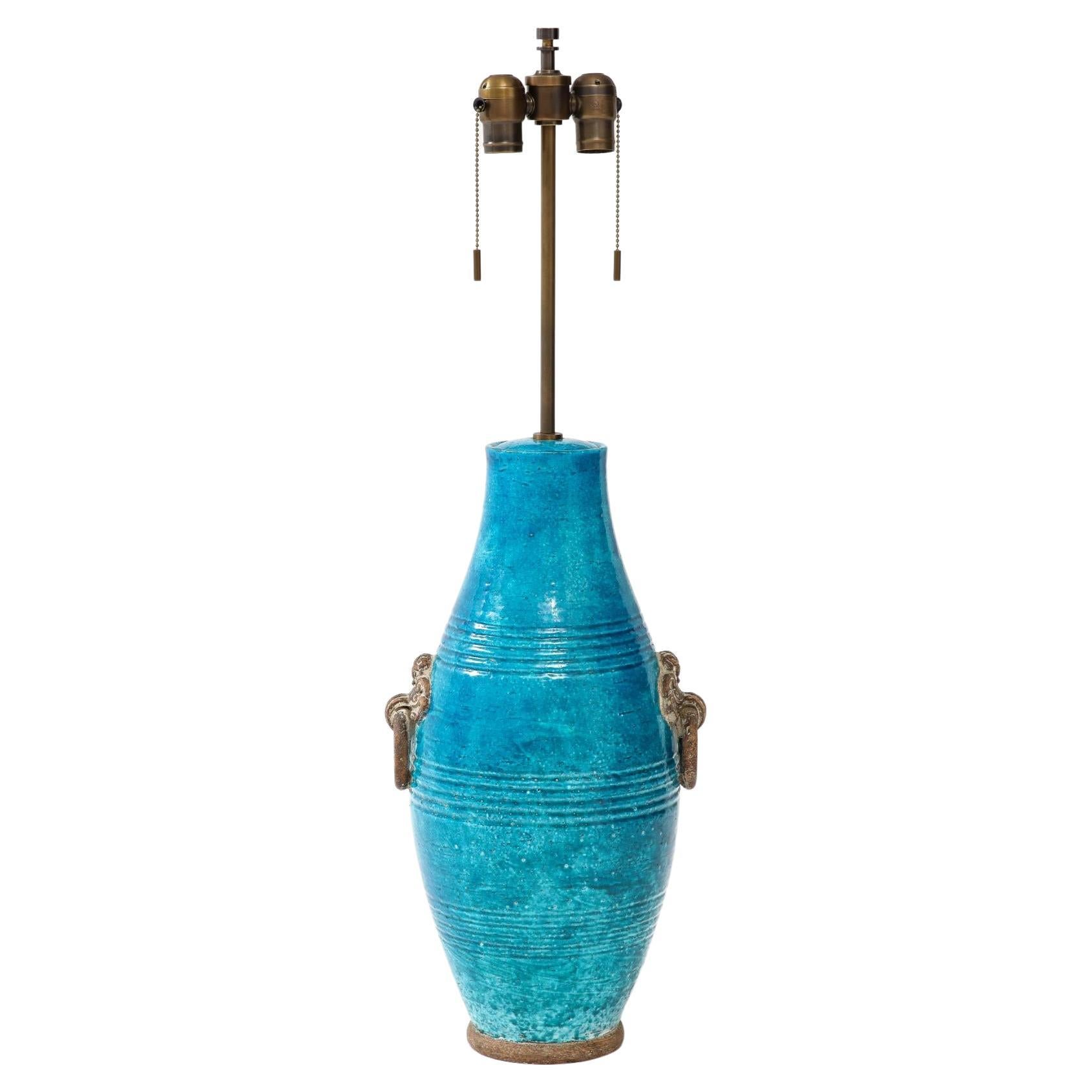 Brass and Glazed Stoneware Monumental Table Lamp by Ugo Zaccagnini, c. 1950