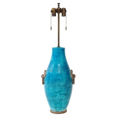 Brass and Glazed Stoneware Monumental Table Lamp by Ugo Zaccagnini, c. 1950