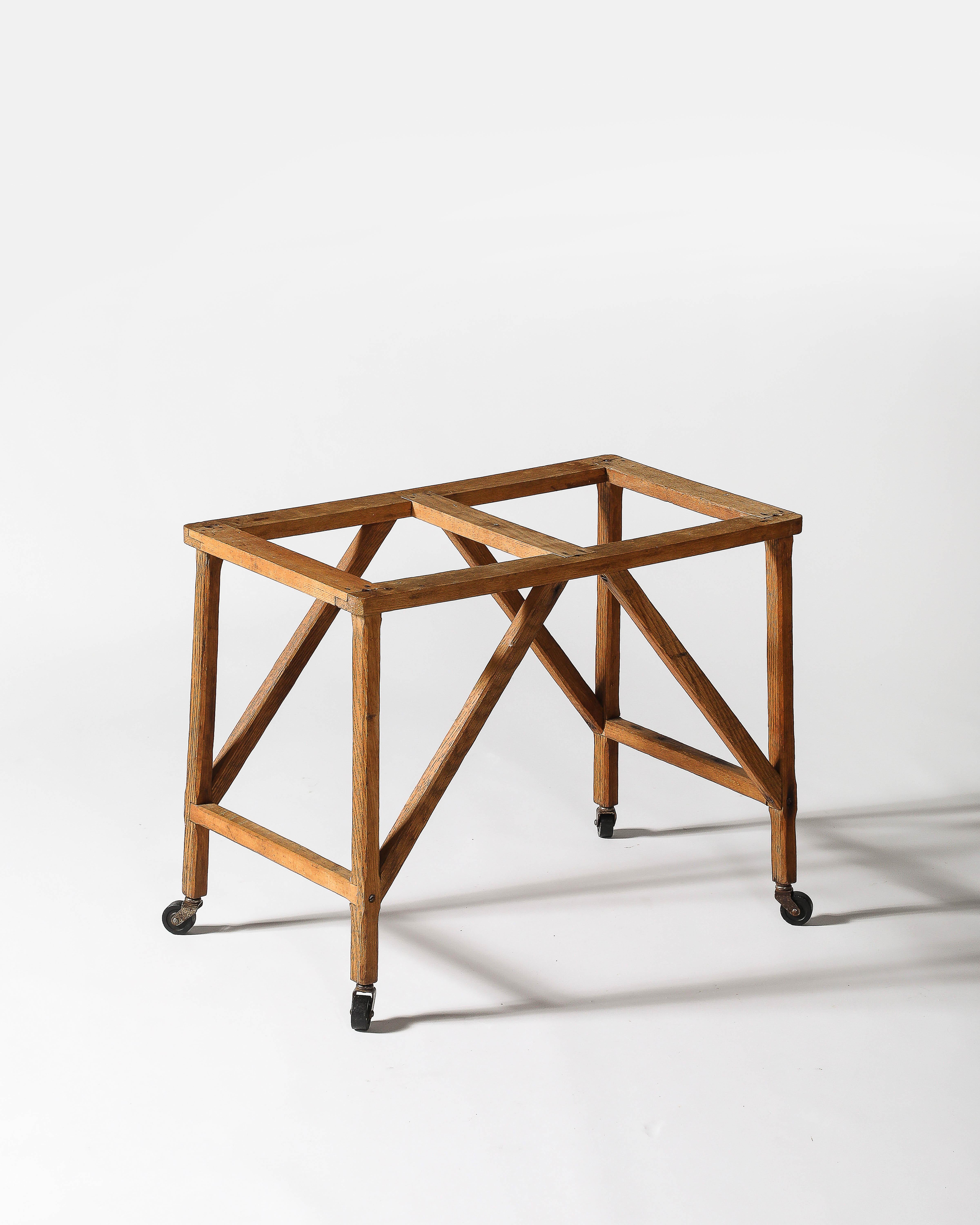 Oak Table Base with Casters, United States, c. 1950 In Excellent Condition For Sale In New York City, NY