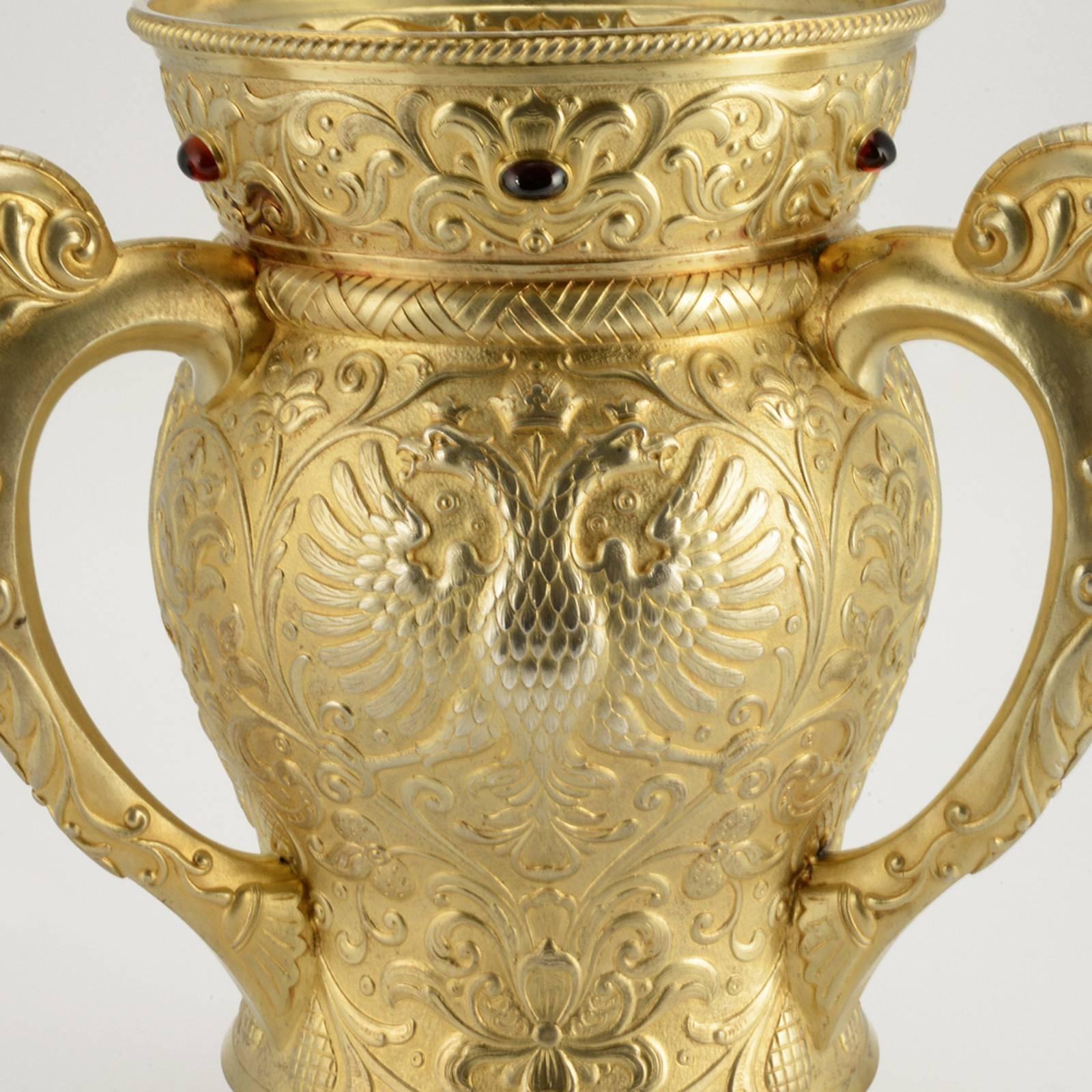 Revival 19th Century Russian Imperial Gem-Set Gilded Silver Trophy Cup by Ovchinnikov
