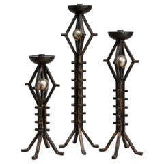 Vintage Set of Three Graduated Wrought Iron Floor Candlesticks with Orb Accents