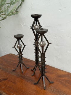 Vintage Set of Three Graduated Wrought Iron Floor Candlesticks with Orb Accents
