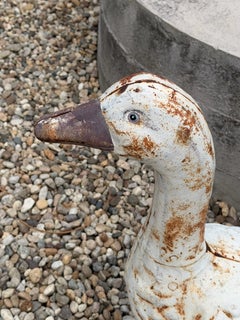 Painted Cast Metal Goose Garden Statue with Weathered White Finish