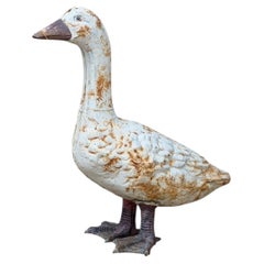 Painted Cast Metal Goose Garden Statue with Weathered White Finish