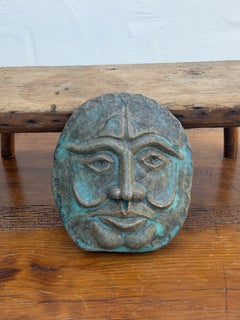 Sculptural Face Wall Plaque with Verdigris Finish, Signed R. Hardy, 1990