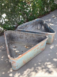 Pair of Willy Guhl–Style Triangular Garden Planters with Distressed Blue Paint