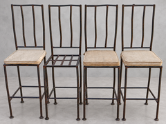 Set of Four Sculptural High-Back Wrought Iron Bar Stools with Gold-Tone Cushions