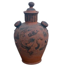 Japanese Tokoname Red Clay Dragon Vase with Floral Handles, 19th Century