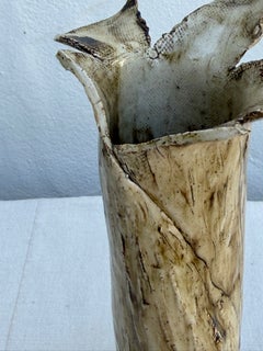Organic Modern Studio Pottery Vase with Sculptural Rim and Cream Glaze
