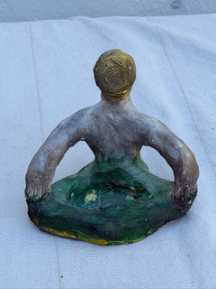 Signed Figural Studio Pottery Sculpture with Green and Ochre Decoration