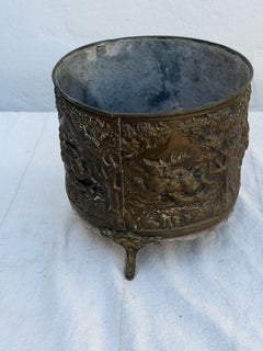 Brass Planter with Stag Hunt Relief and Ornamental Feet
